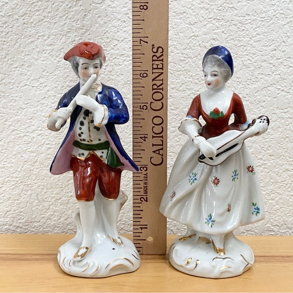 Pair Vintage Occupied Japan Colonial Victorian Couple Playing Instrument Figure - Picture 5 of 11